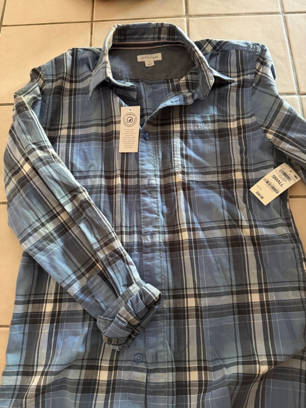 Sun + Stone Blue Plaid Casual Button-Down Shirt